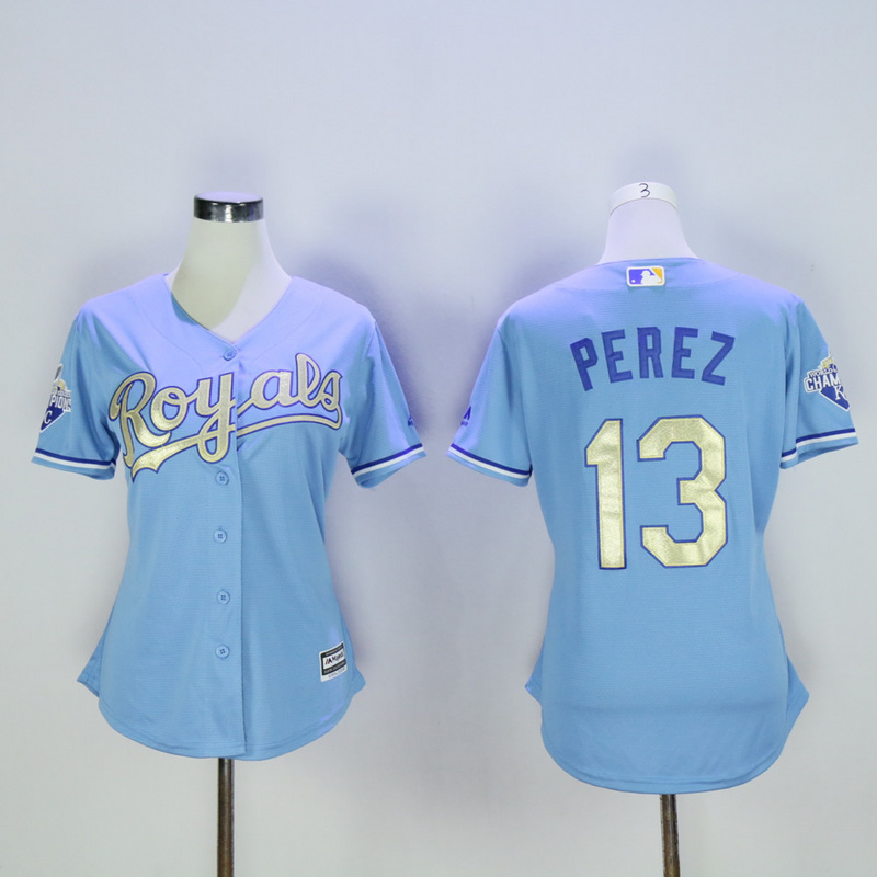 Women Kansas City Royals #13 Perez Light Blue Champion MLB Jerseys->women mlb jersey->Women Jersey